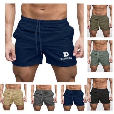 Men Summer Solid Color Pockets Drawstring Casual Short