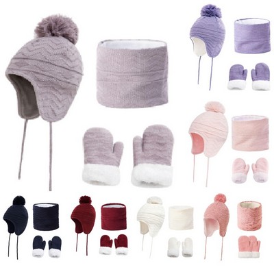 3In1 Kids Winter Warm Beanie Hat Neck Warmer Gloves Set For 1-6 Years