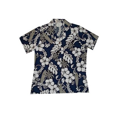 Ladies Navy Hawaiian Cotton Poplin Shirt w/ Button Front & Short Sleeves