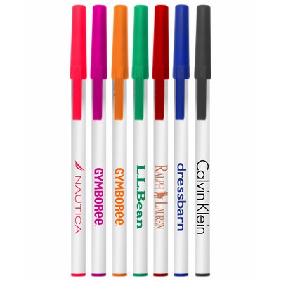 Union Printed - White Stick Pens with Colored Caps - Blue Ink