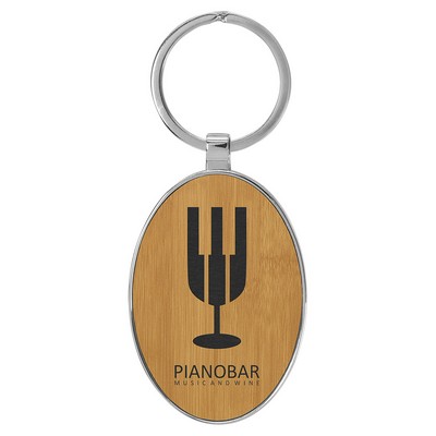 3" x 1 3/4" Leatherette/Metal Bamboo Oval Keychain