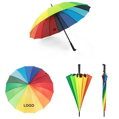 44" LGBT Pride Rainbow 190T Pongee Fabric 16 Rib Stick Umbrella