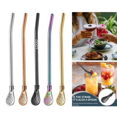 8 1/5'' Custom 304 Stainless Steel Reusable Yerba Mate Straw Spoon w/Filter Strainers