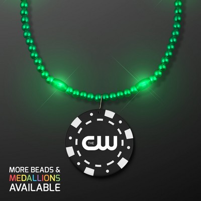 Green LED Bead Necklace with Black Poker Chip Medallion - PRINTED