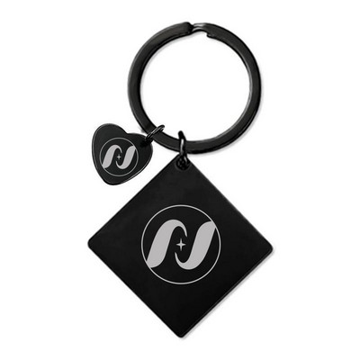 30 x 30 x 2 mm Black Square Tag Keychain W/ Small Heart Tag 15 mm