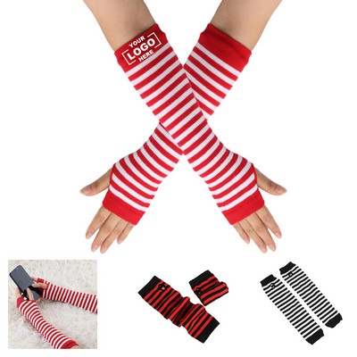 Women Fingerless Knitted Arm Warmers Printed Elbow Length Gloves Winter Accessories