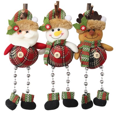Christmas Plaid Fabric Beaded Leg Hanging Ornament Cartoon Doll Window Display Decoration 3pcs set