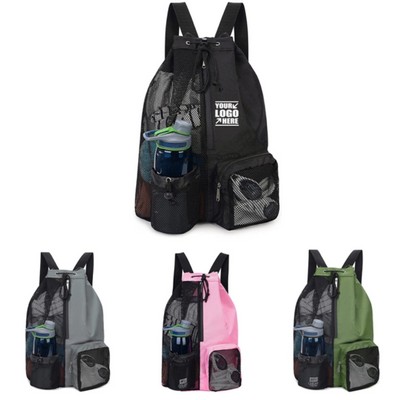Custom Logo Mesh Drawstring Beach Gym Bag Pocket