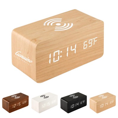 Wooden Digital Alarm Clock with Wireless Charger