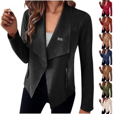 Faux Suede Jackets Long Sleeve Open Front