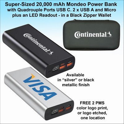Super Sized 20,000 mAh Mondeo Power Bank 4 Ports USB C and USB A, LED readout. No Extra Tariff