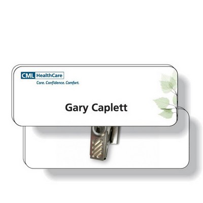 .060 White Plastic Badge with Bulldog Clip / rectangle (1" x 2.75") 4CP