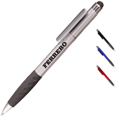 Twist Plastic Pens w/ Rubber Grip & Stylus Top Ballpoint Pen