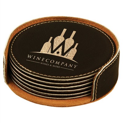 Round Coaster Set with 6 pcs, Black Faux Leather, Engraved, 4" Dia