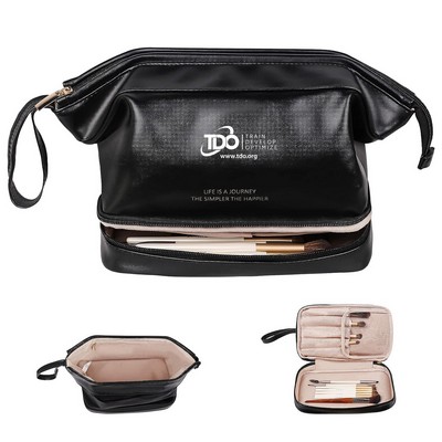 Travel Makeup Bag, Double Layer Portable Vegan Faux Leather Toiletry Bag,Roomy Cosmetic Bag