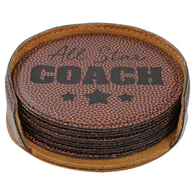 4" Round Football 6-Coaster Set with Holder, Laserable Leatherette