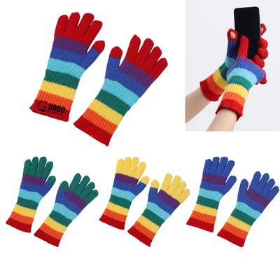 Rainbow Striped Knit Gloves w/ 2 Fingers Touch