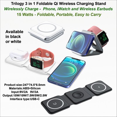 Trilogy 3" 1 Foldable Qi Wireless Charging Stand - Mag Safe Compatible.
