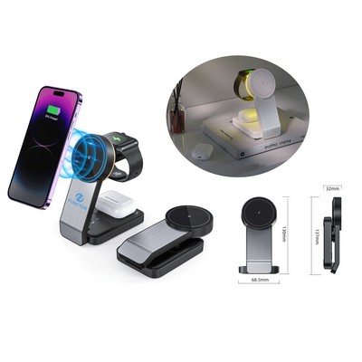 Magnetic 3 in 1 Wireless Charging Station Travel Charger For Multiple Devices W/Night Light