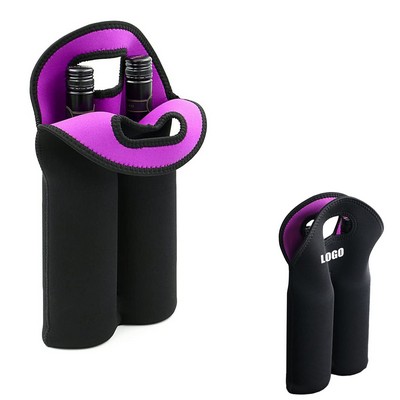 Neoprene Dual Color 2 Bottle Wine Bag With Cutout Handles