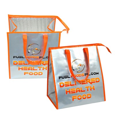 Custom 145g Metalic Laminated Woven Insulated Delivery Cooler Bag w/Zipper Closure (13"x15"x10")