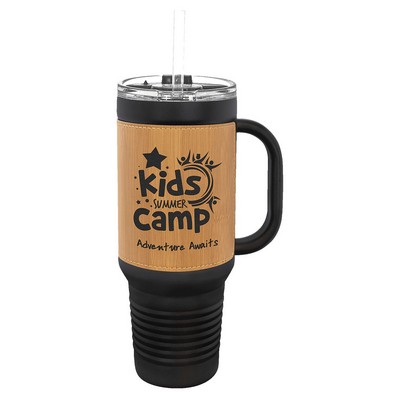 Polar Camel 40 oz. Black with Bamboo Laserable Leatherette Travel Mug with a Handle, Straw Included