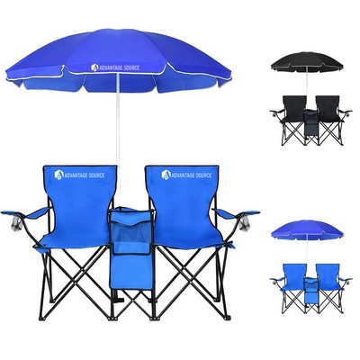 Folding Double Camping Chair with Umbrella and Cooler Bag