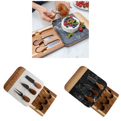 Black Marble and Acacia Wood Cutting Board with 3 pcs Knife