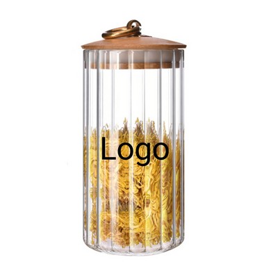 Vertical-Striped Glass Jar W/ Bamboo Lid And Copper Ring