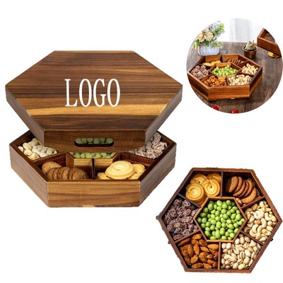 Acacia Wood Snack Serving Tray with Lid and 7 Compartments