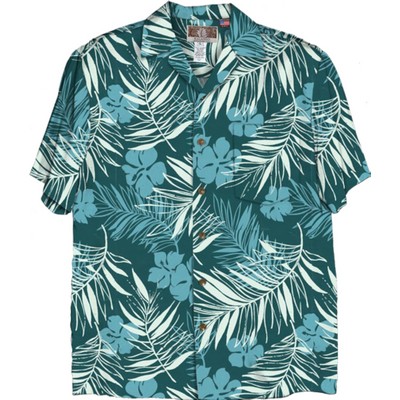 Soft & Supple Silky Rayon Teal Blue Tropical Print Hawaiian Shirt w/Genuine Coconut Buttons