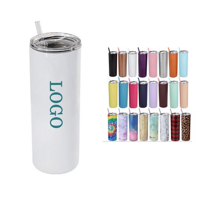 20oz Stainless Steel Straight Slim Thin Skinny Tumbler w/ Straw and Lid