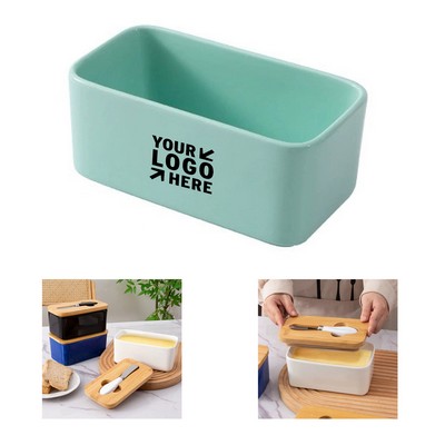 Ceramic Butter Dish with Bamboo Lid and Knife