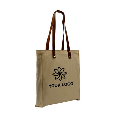 Leather Handle Natural Canvas Gusseted Tote