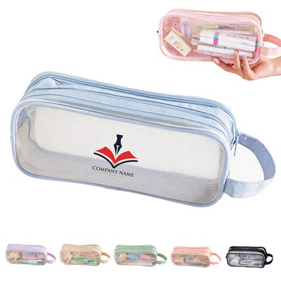 Large Transparent Double-Compartment Mesh Pen Bag