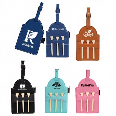 PU Leather Golf Bag Tag w/Three Tees Set