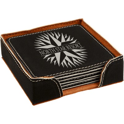 Coaster Set - Leatherette - Black/Engraves Silver