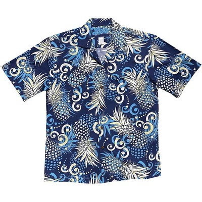 Navy Hawaiian Shirt (S - 3XL in-stock) - 100% Cotton Poplin Tropical Print w/ Coconut Buttons