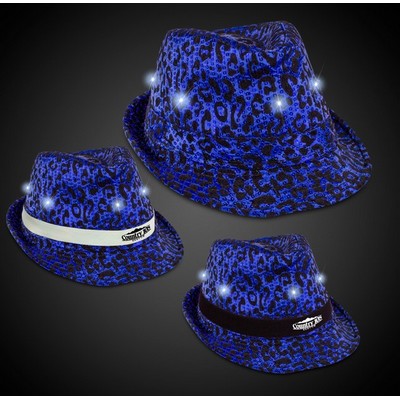 Blue Leopard Print Sequin LED Fedora w/White Silk Screened Band