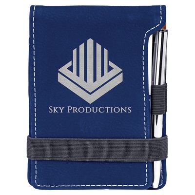 3 1/4" x 4 3/4" Blue/Silver Leatherette Mini Notepad with Pen