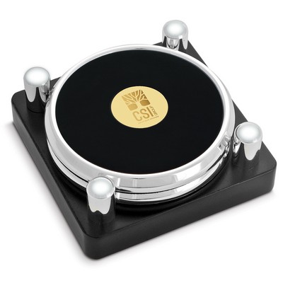 Set of Two Silver Coasters W/ Black Base & Gold Medallion