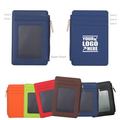 PU Leather Card Holder w/Zippered Pocket