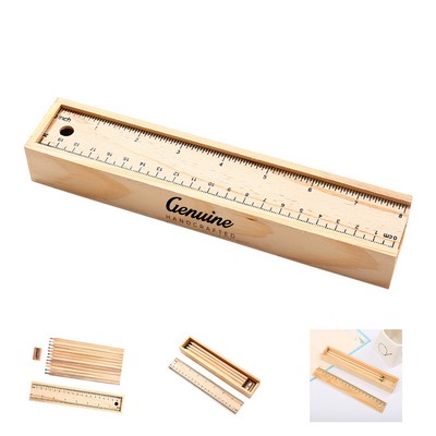 Wooden Box with Pencil and Ruler