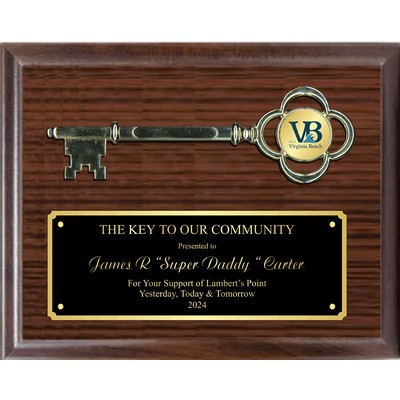8" Gold Metal Key to the City on Cherry 8"x10" Plaque