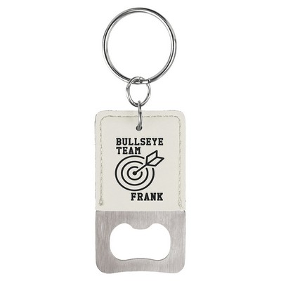 Rectangle White Leatherette Bottle Opener Keychain