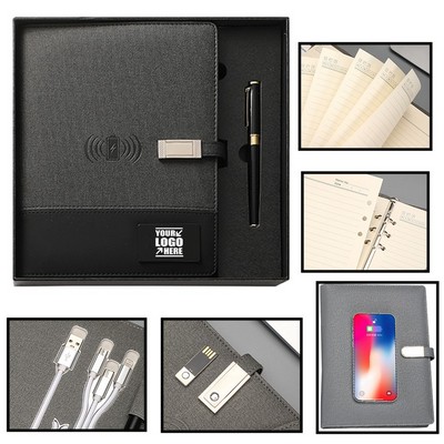 Gift Set / 8000Mah Charging Journal With Led Logo & Pen And 16G Flash Drive