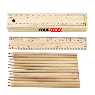 Wooden 12 Colors Pencil Ruler case Set