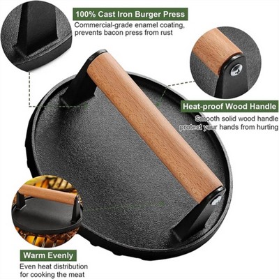 Round Heavy-Duty Cast Iron Smash Bacon Press