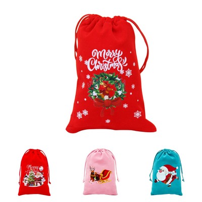 Christmas Flocked Drawstring Gift Bag