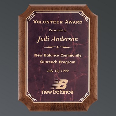 Genuine American Walnut Notched Plaque, Ruby Red Marble Plate w/Florentine, Small (7"x9")